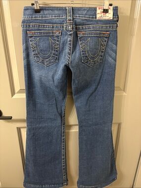 True Religion Blue Flare Jeans with Signature Pocket Stitching